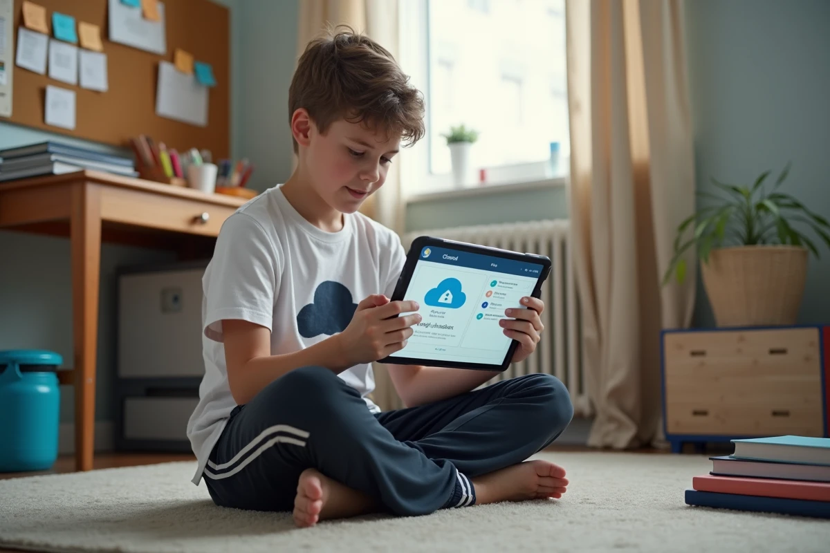 Lycéen utilisant une tablette pour accéder à son bureau numérique dans sa chambre