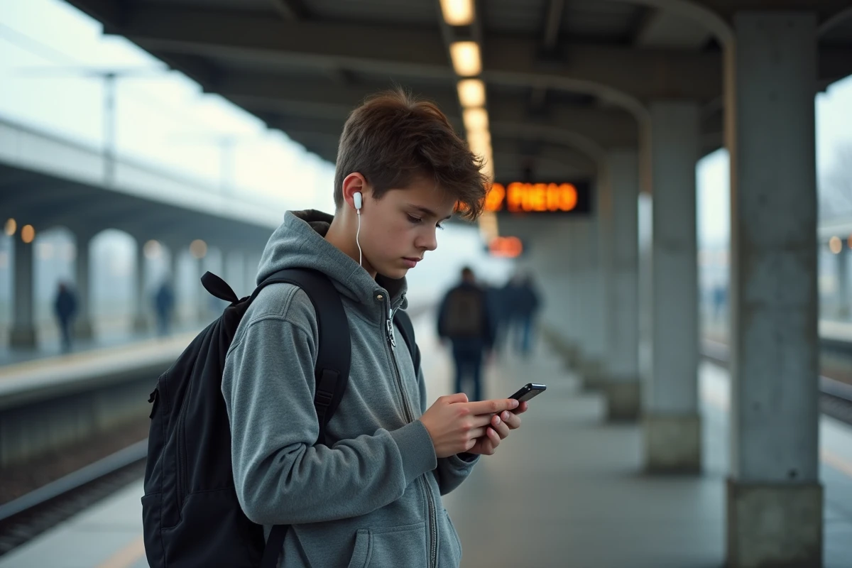 Lycéen consultant l'ENT Normandie sur son téléphone dans une gare pendant ses trajets