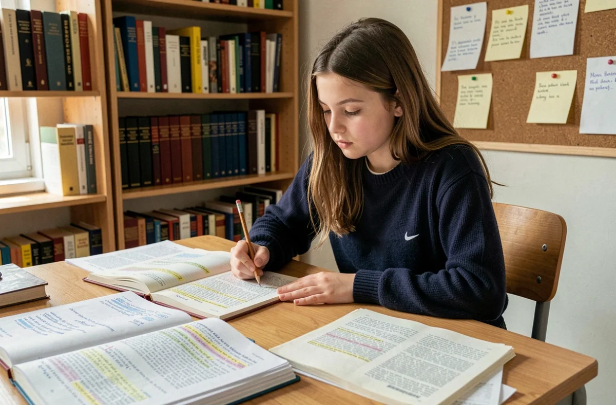 Lycéenne concentrée qui rédige un commentaire composé sur son bureau avec des textes littéraires annotés