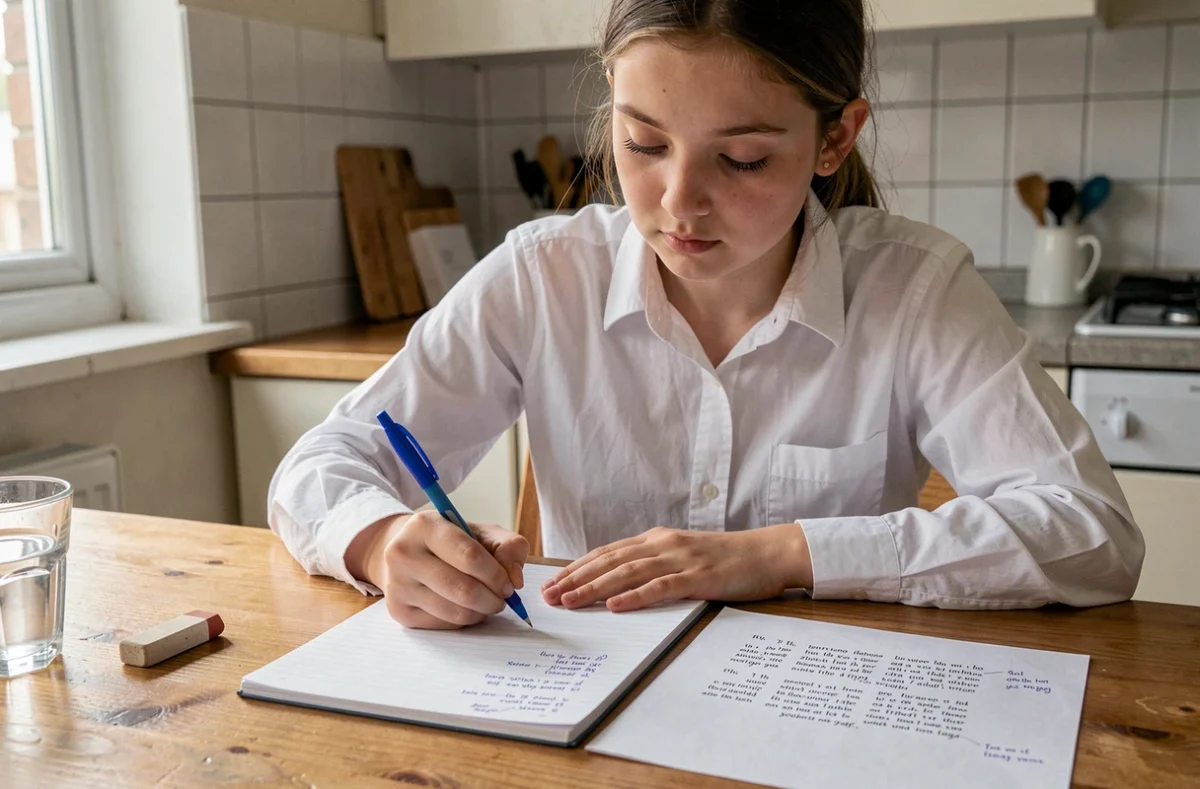 Lycéenne rédigeant un commentaire composé à la maison avec un extrait littéraire annoté sur la table