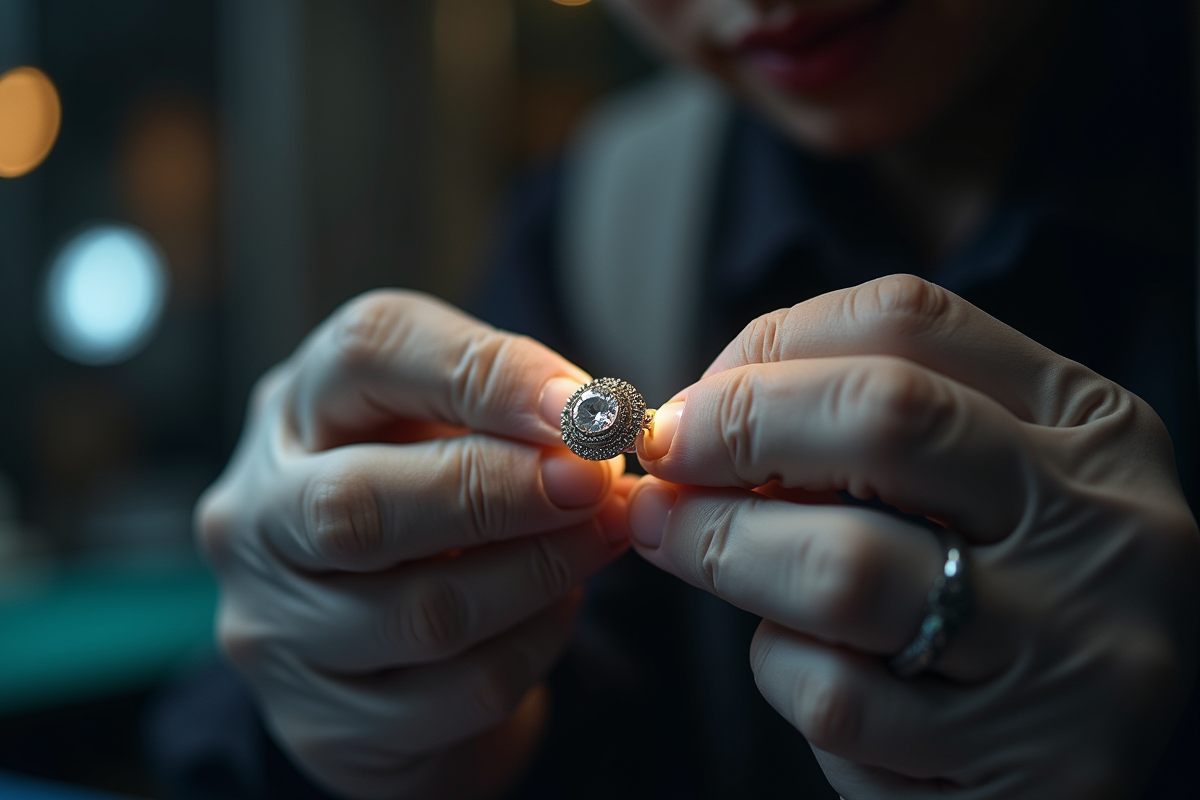 Main de bijoutier posant un diamant sur une bague en gros plan