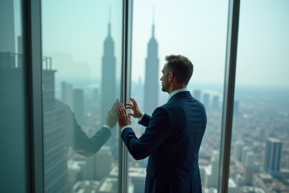Manager en costume regardant la ville depuis une fenêtre