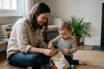 Mère et tout-petit jouant avec des cubes en bois colorés sur un plancher en bois, activité d'éveil simple à la maison