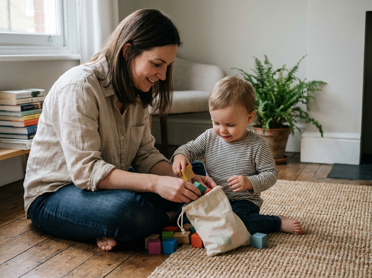 Mère et tout-petit jouant avec des cubes en bois colorés sur un plancher en bois, activité d'éveil simple à la maison