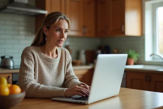 Mère de famille gérant les comptes scolaires ENT de ses enfants sur un ordinateur portable dans une cuisine familiale