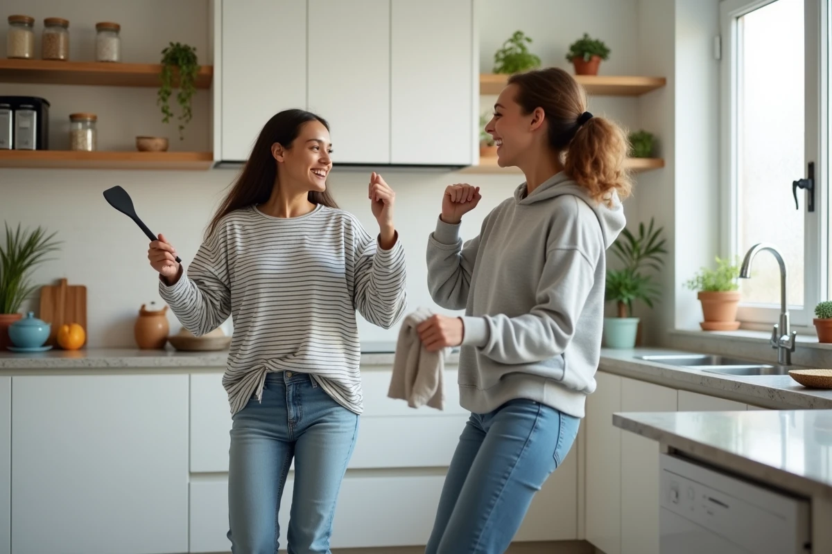Mère et fille adolescente dansant spontanément dans la cuisine moderne pendant le petit-déjeuner du week-end