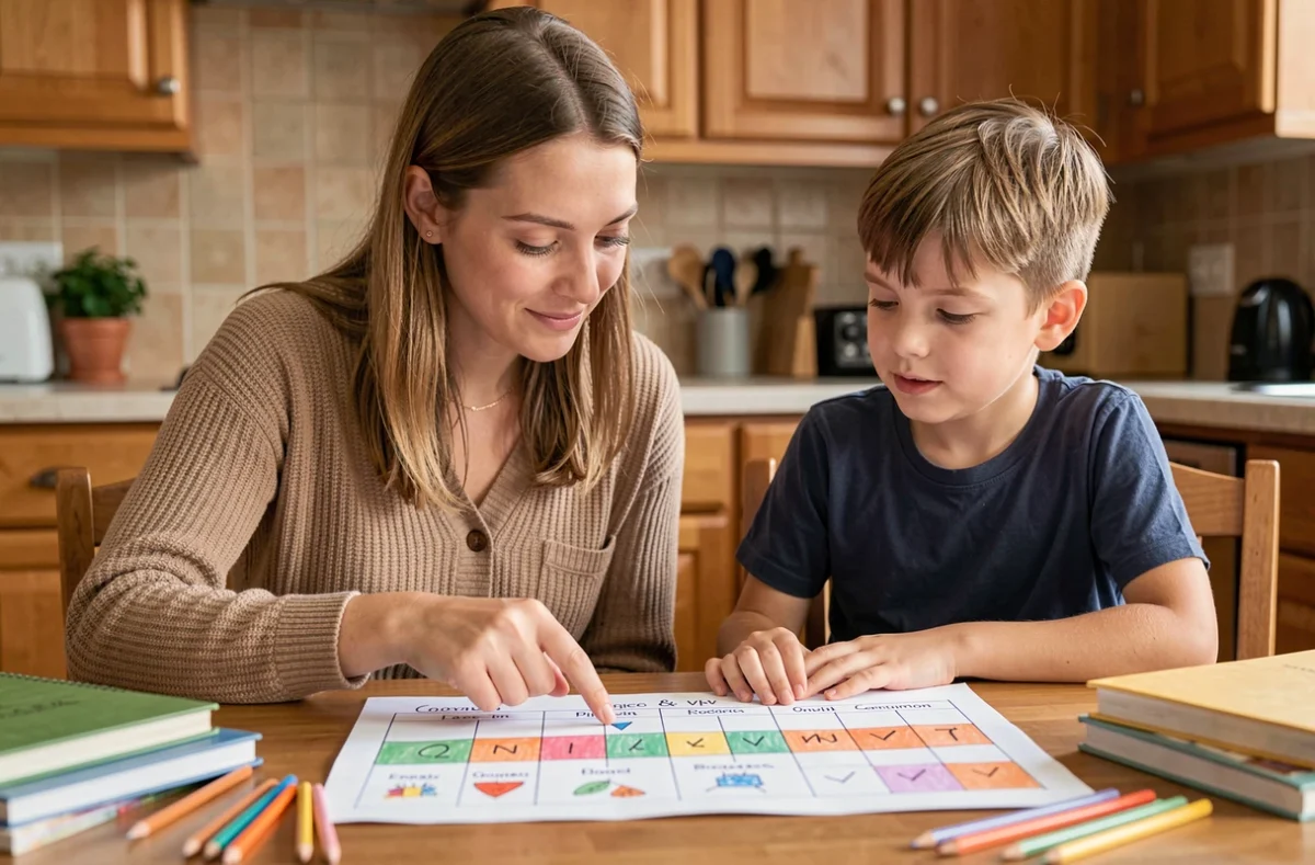 Mère aidant son fils CM1 à comprendre un tableau de conversion de mesures à la maison