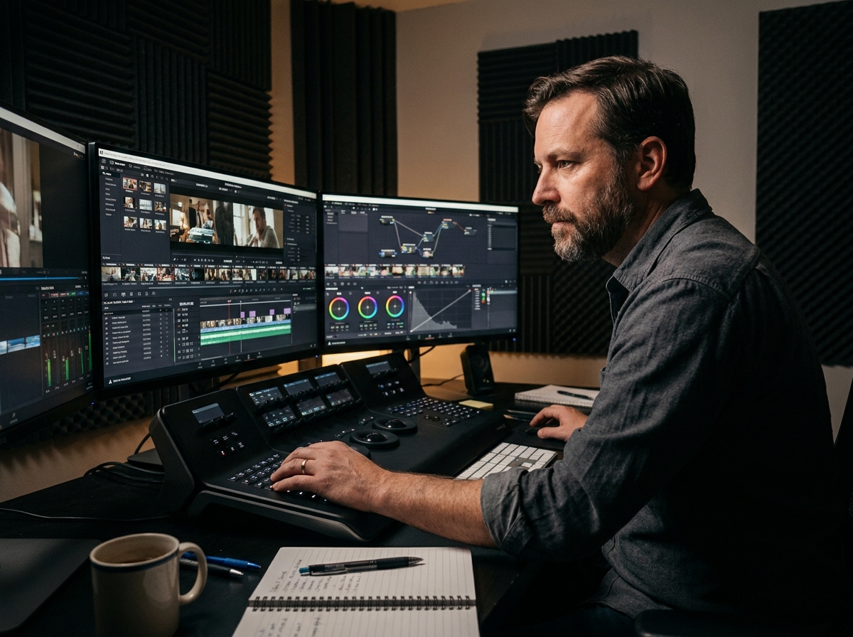 Monteur vidéo professionnel travaillant sur un logiciel de post-production audiovisuelle dans une salle de montage