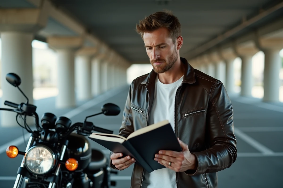 Motard en veste de cuir révisant le code de la route moto dans un parking urbain à une semaine de l'épreuve théorique ETM