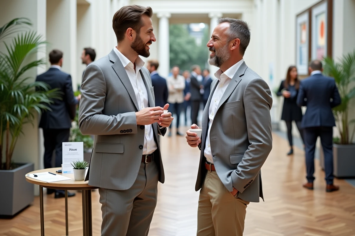 Deux professionnels du marketing en networking lors d'une pause café pendant un événement de formation digitale à Paris