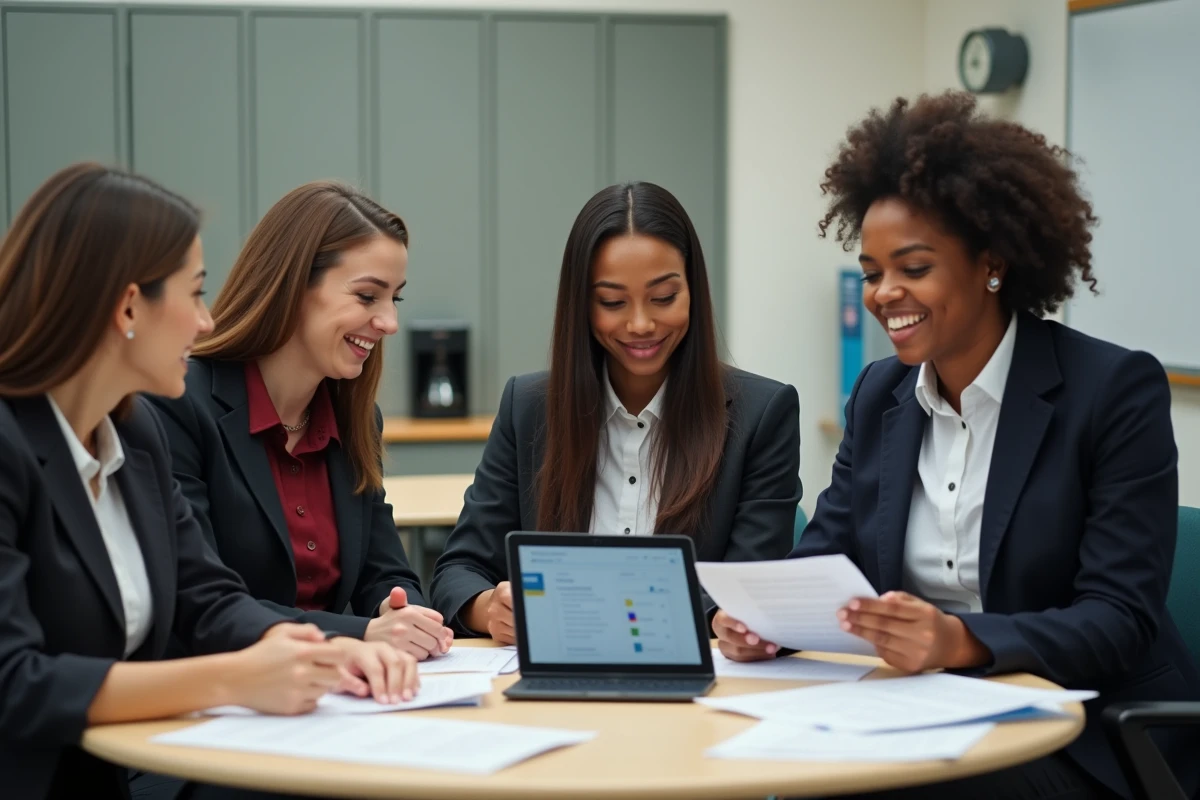 Groupe de nouveaux enseignants et AED collaborant autour de documents et d'une tablette lors d'une réunion en salle des professeurs