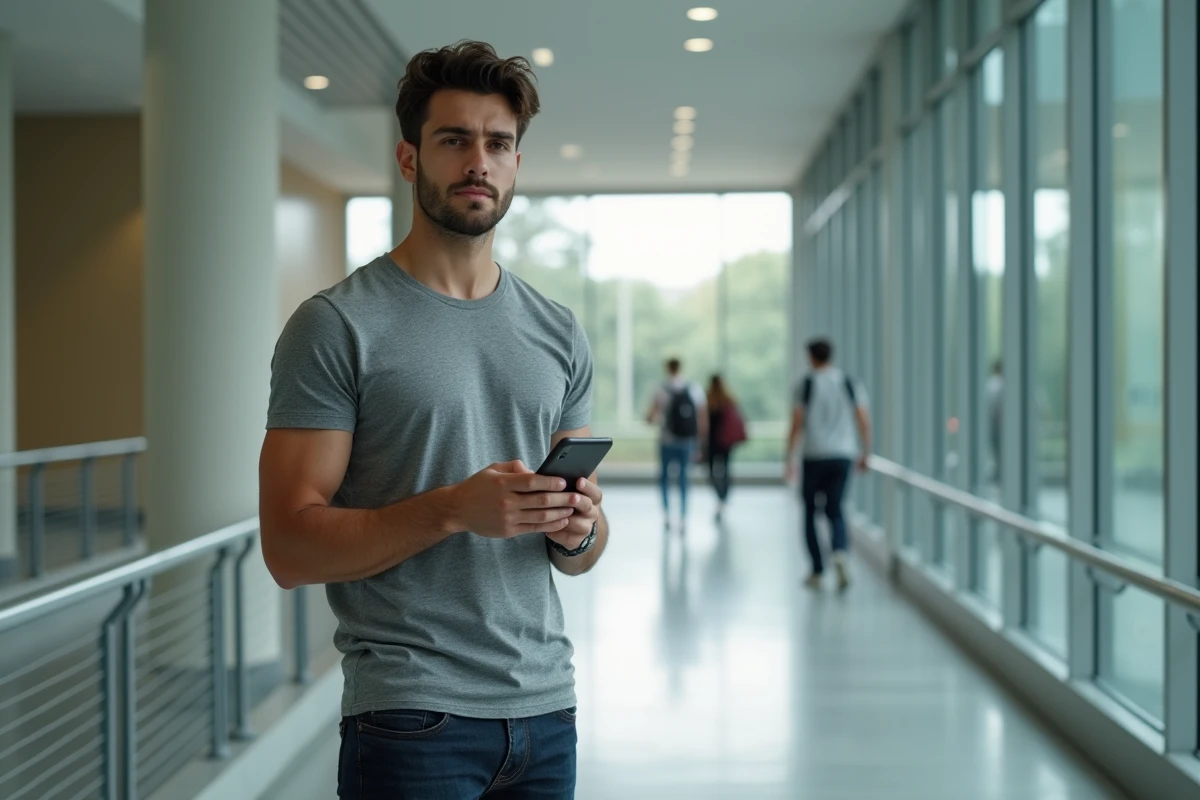 Nouvel admis consultant l'ENT Centrale Marseille sur smartphone dans un couloir universitaire moderne