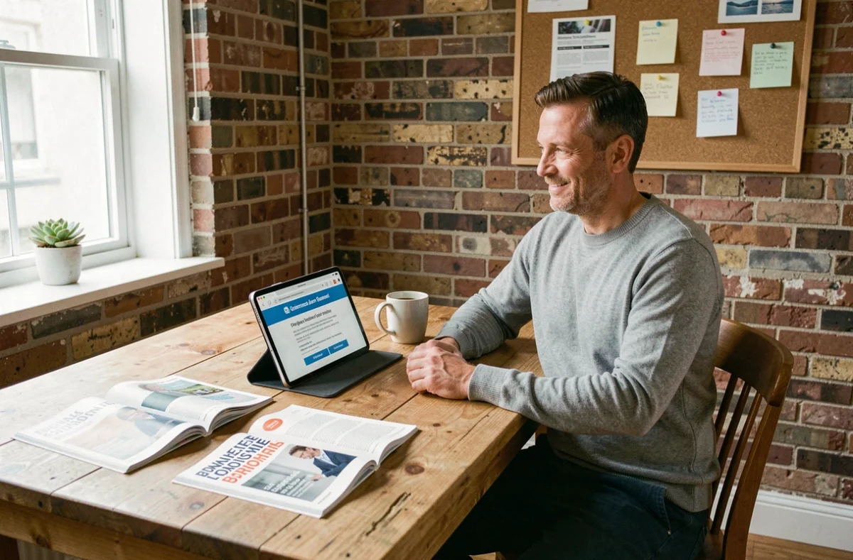 Homme consultant les offres d'abonnement et les prix d'un magazine de formation business sur tablette depuis son bureau à domicile