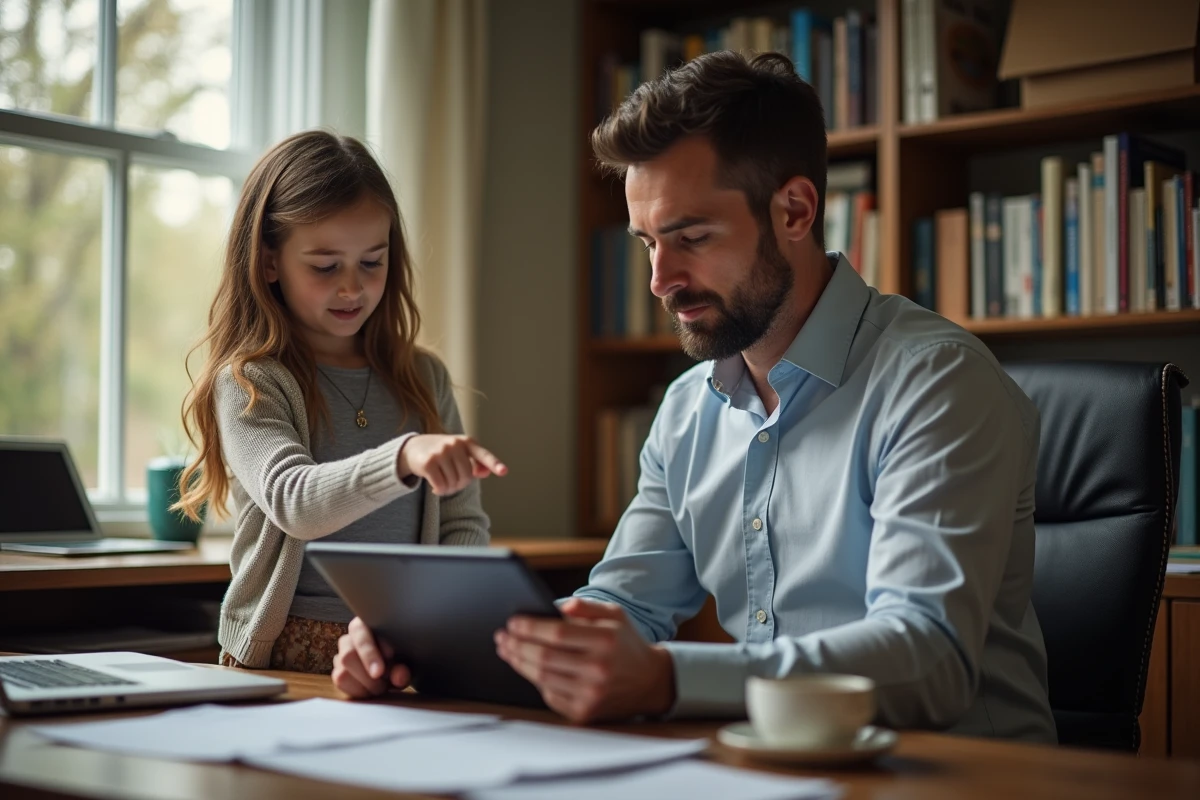 Pere et fille dans un bureau familial avec tablette