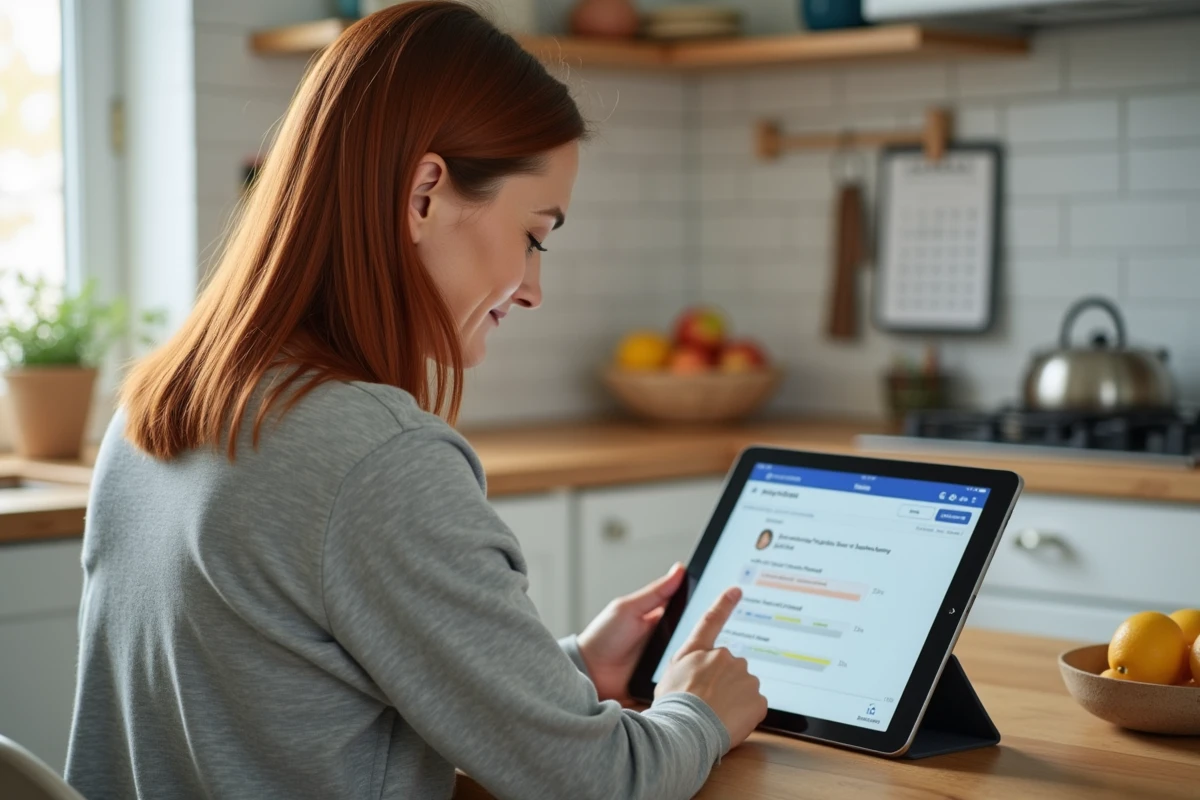 Mère de famille consultant le suivi scolaire de son enfant via l'ENT Touraine sur une tablette dans la cuisine