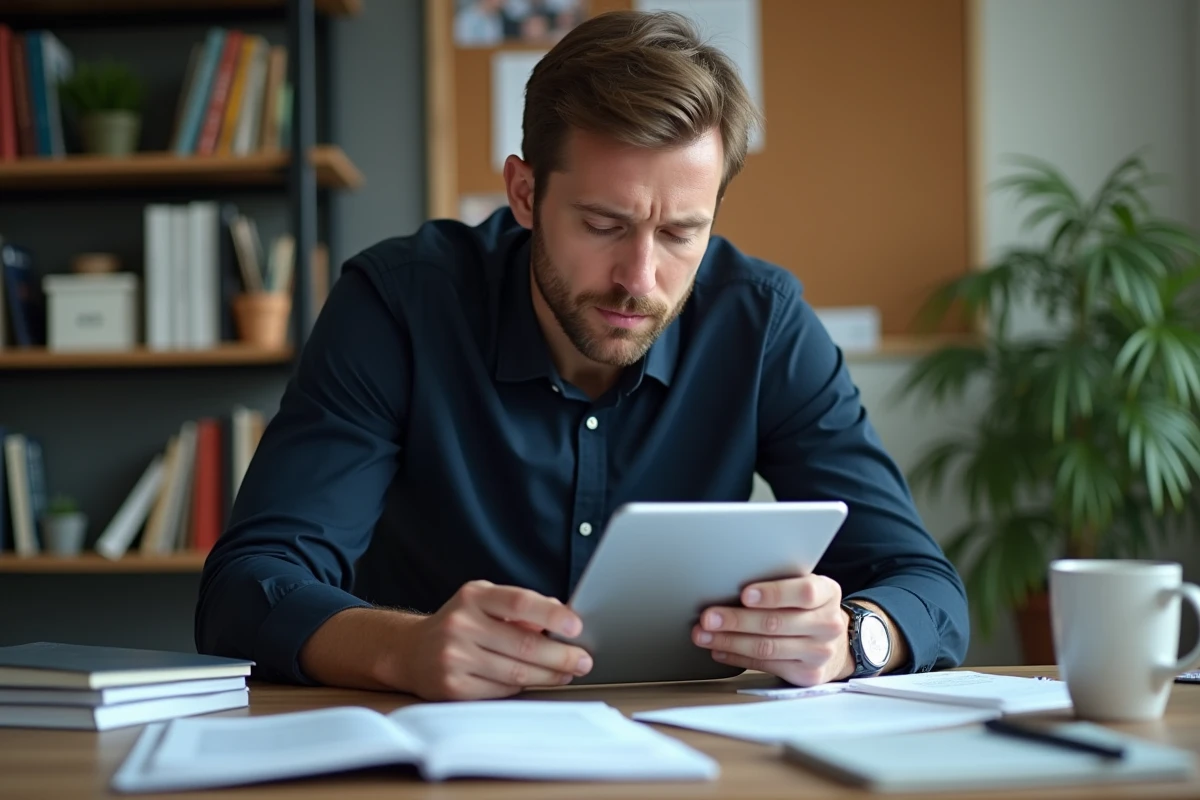 Père d'élève ESME comparant des documents scolaires imprimés avec le suivi Alcuin sur une tablette dans un bureau à domicile