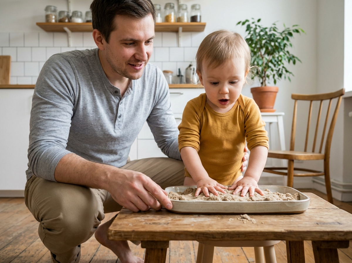 Père accompagnant son tout-petit dans une activité sensorielle avec du sable kinétique dans une cuisine moderne