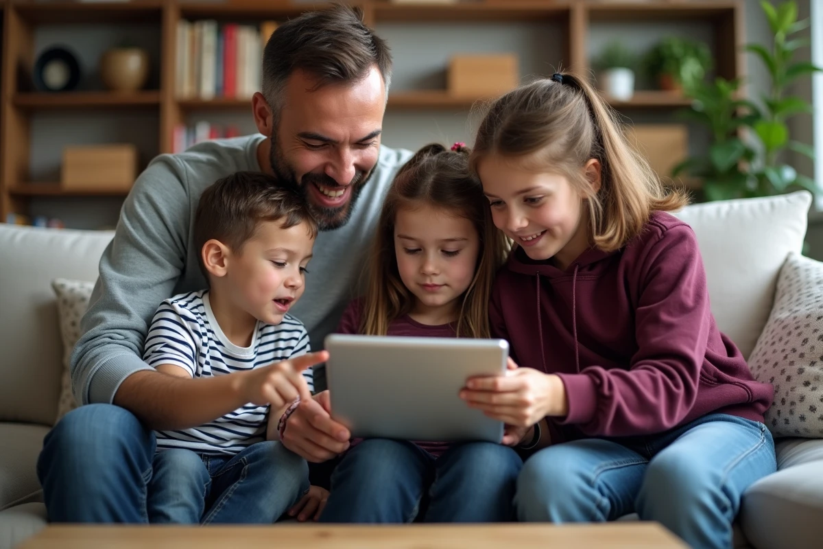 Père et ses deux enfants consultant ensemble une plateforme ENT sur une tablette dans le salon familial
