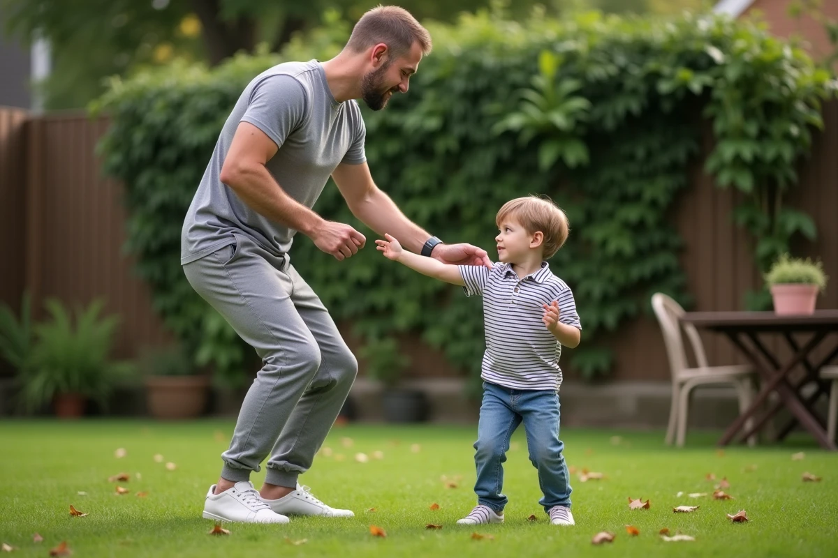 Père et fils dansant ensemble dans le jardin le dimanche après-midi en imitant les mêmes mouvements de danse