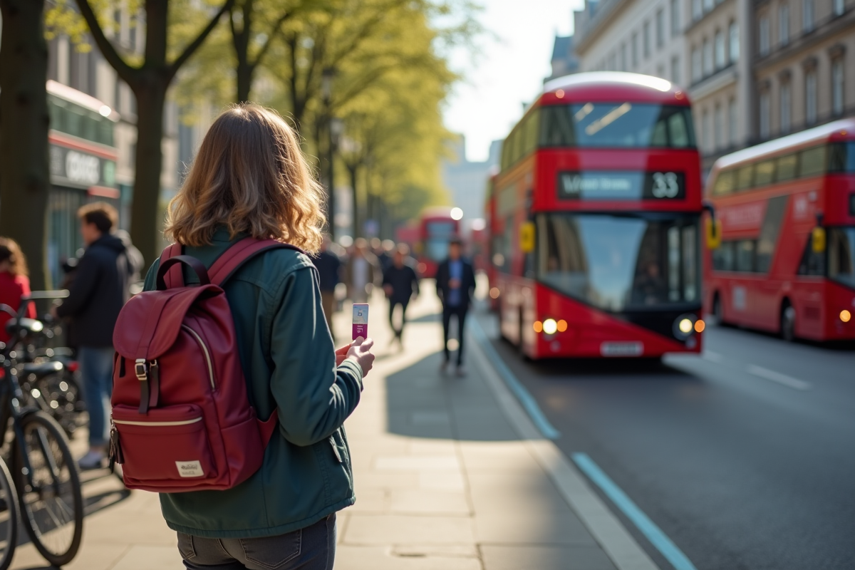 Jeune à un arrêt de bus à Londres avec bus rouges et vélo