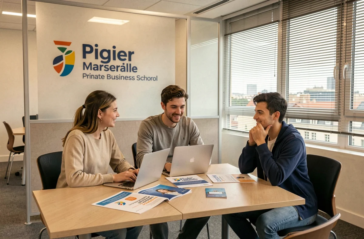 Étudiants en alternance travaillant sur un projet marketing à Pigier Marseille