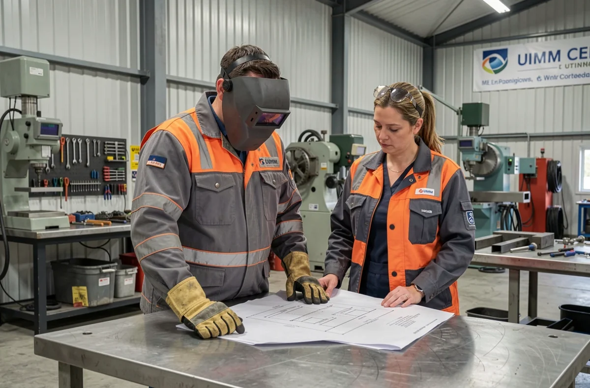 Stagiaire et formatrice au Pôle Formation UIMM Bretagne de Lorient en atelier industriel