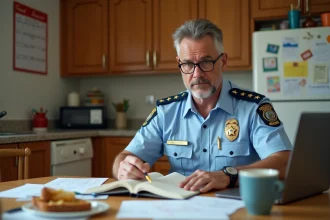 Policier en uniforme révisant ses cours d'eCampus à la table familiale entourée de manuels et notes