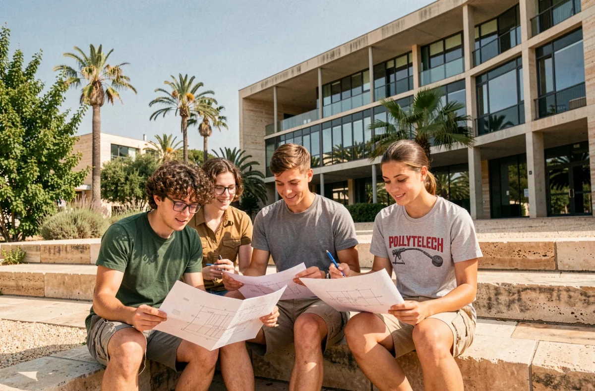 Trois étudiants de Polytech Montpellier révisant des plans techniques assis sur des marches devant le campus