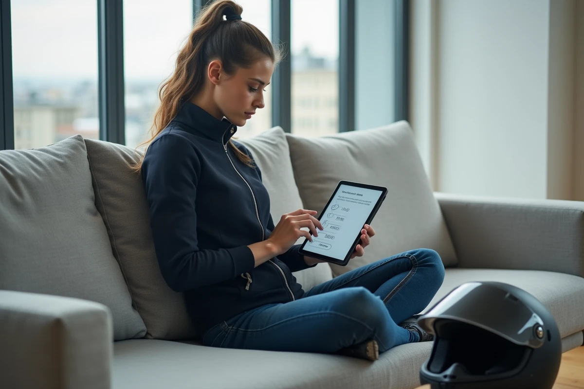 Femme préparant l'examen ETM du code moto sur tablette dans un salon moderne, avec casque de moto posé au sol