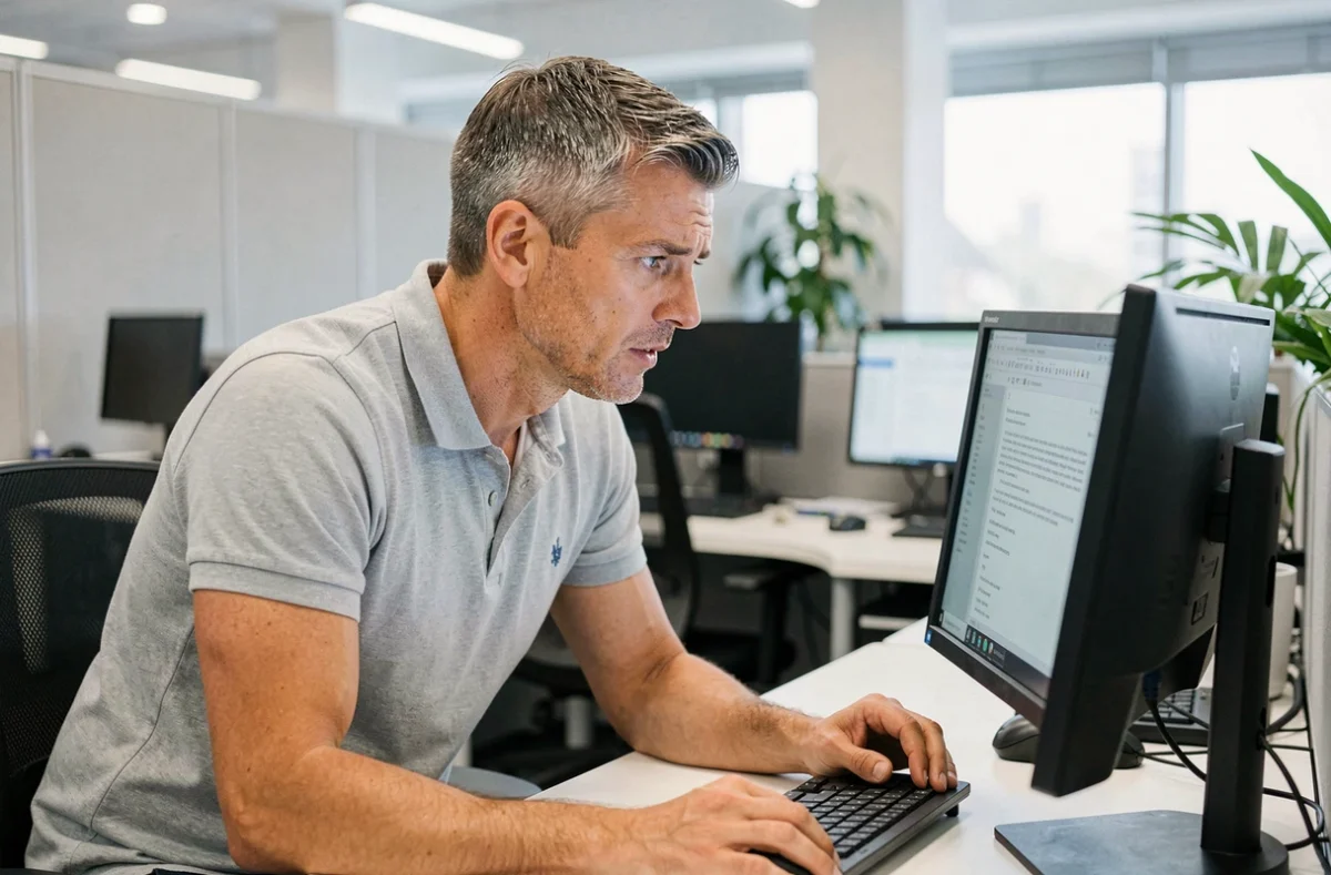 Homme concentré face à un ordinateur de bureau affichant une erreur de connexion dans un open space professionnel