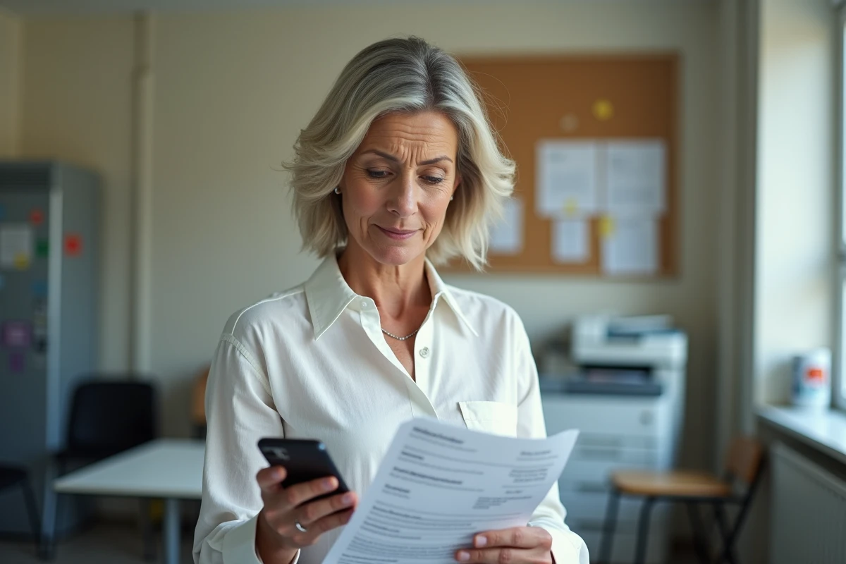 Professeure consultant ses identifiants iProf imprimés tout en vérifiant son téléphone dans une salle des professeurs