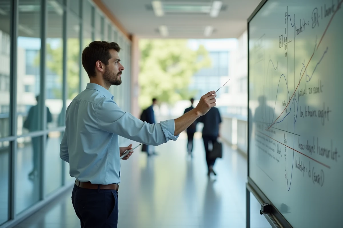 Professeur en classe traçant une tangente sur un tableau blanc