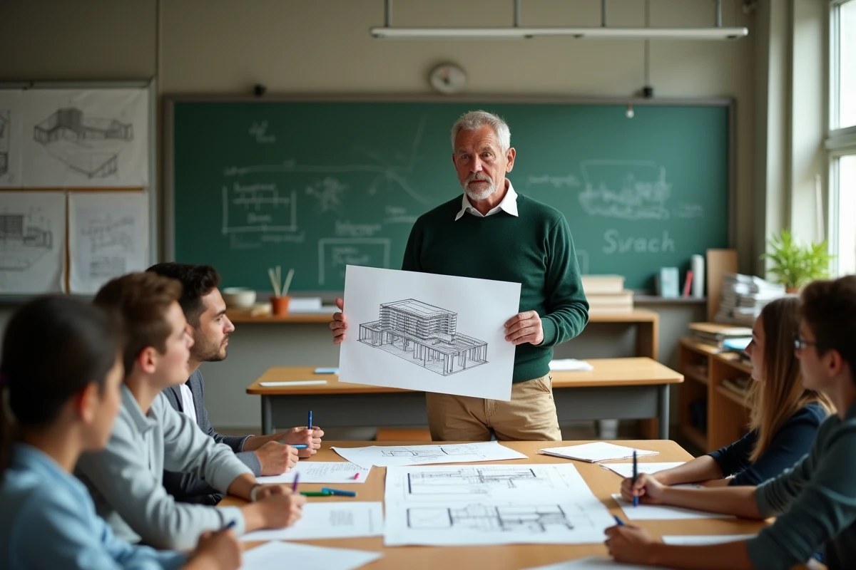 Professeur montrant un diagramme de construction aux étudiants