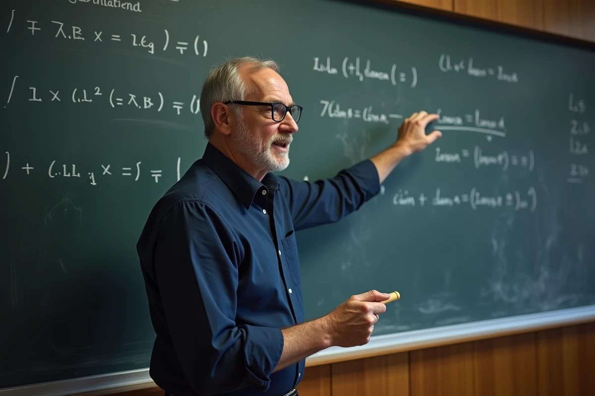 Professeur de mathématiques expliquant l'inversion d'une matrice 2x2 devant un tableau noir dans un amphithéâtre universitaire