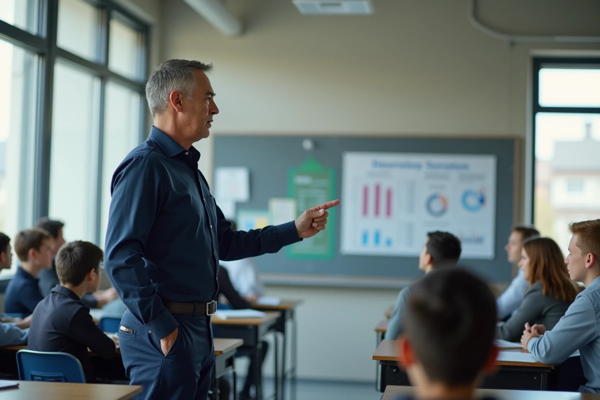 Professeur de lycée professionnel présentant les filières Bac pro à des élèves en orientation