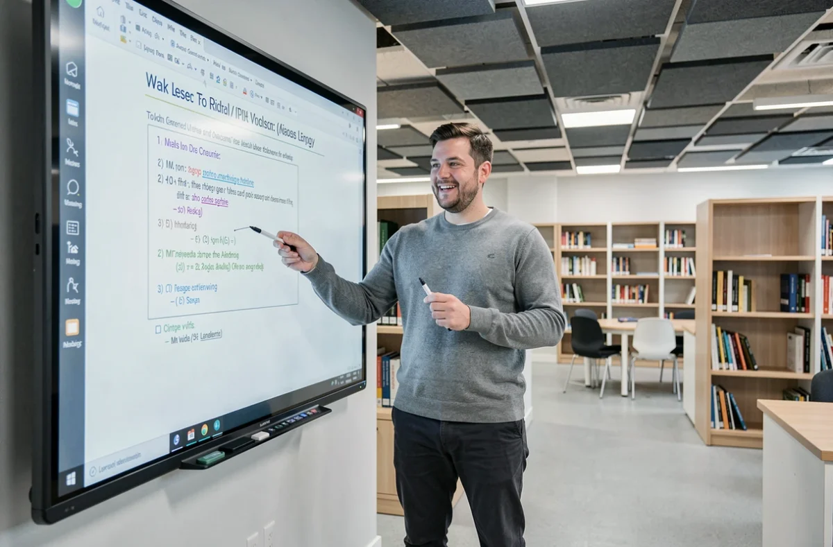 Professeur utilisant un document numérique sur tableau interactif pour une leçon pédagogique