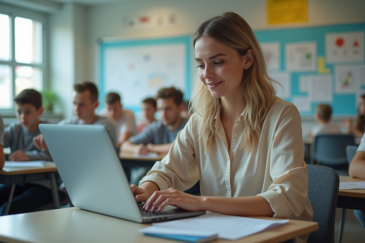Jeune femme enseignante assise à son bureau dans une classe moderne