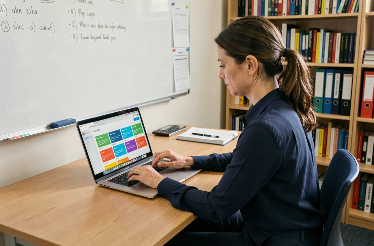 Professeure organisant ses cours en ligne sur la plateforme PSN Mon Lycée depuis son bureau scolaire
