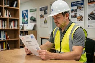 Professionnel du BTP consultant son attestation de certification CPF dans un centre de formation