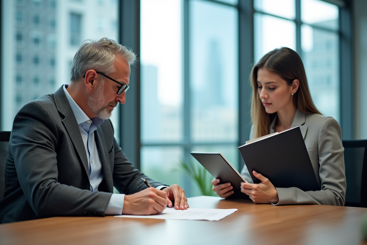Homme professionnel signant un document RNCP en réunion