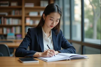 Jeune professionnelle comparant des manuels de japonais et de chinois dans un espace de coworking moderne
