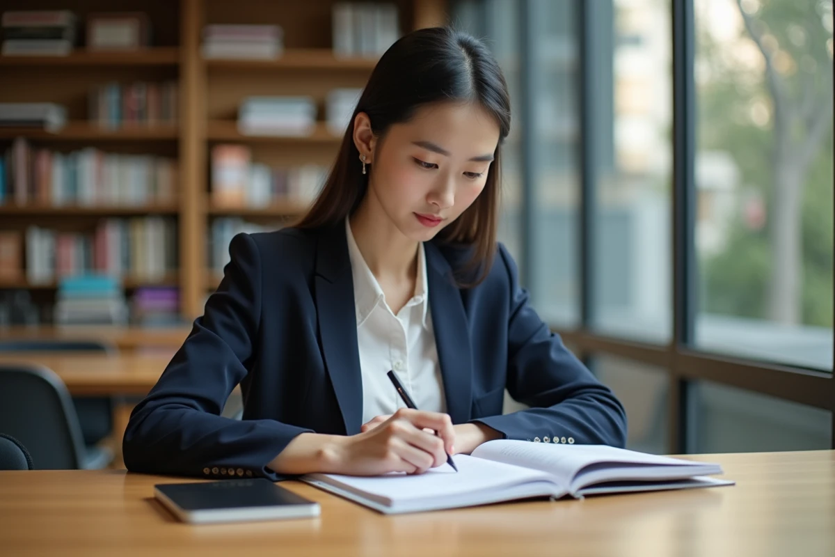 Jeune professionnelle comparant des manuels de japonais et de chinois dans un espace de coworking moderne