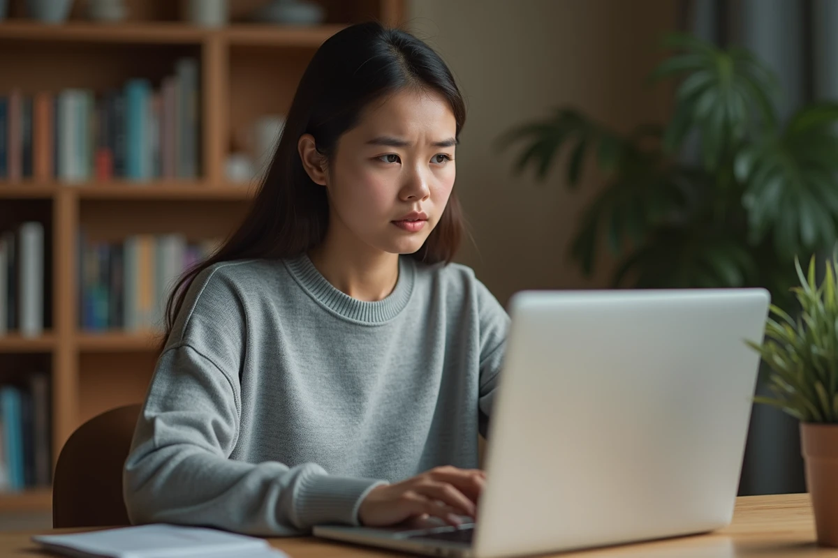 Jeune femme face à son ordinateur portable cherchant à récupérer un mot de passe oublié sur un site musical