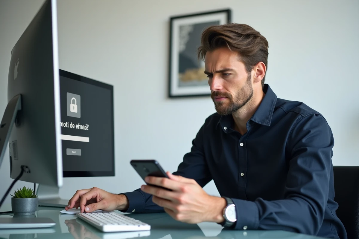 Homme dans un bureau moderne consultant son téléphone pour réinitialiser un mot de passe sur MyGEMA