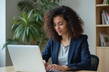Femme en blazer marine effectuant sa réinscription à France Travail sur un ordinateur portable dans un bureau moderne