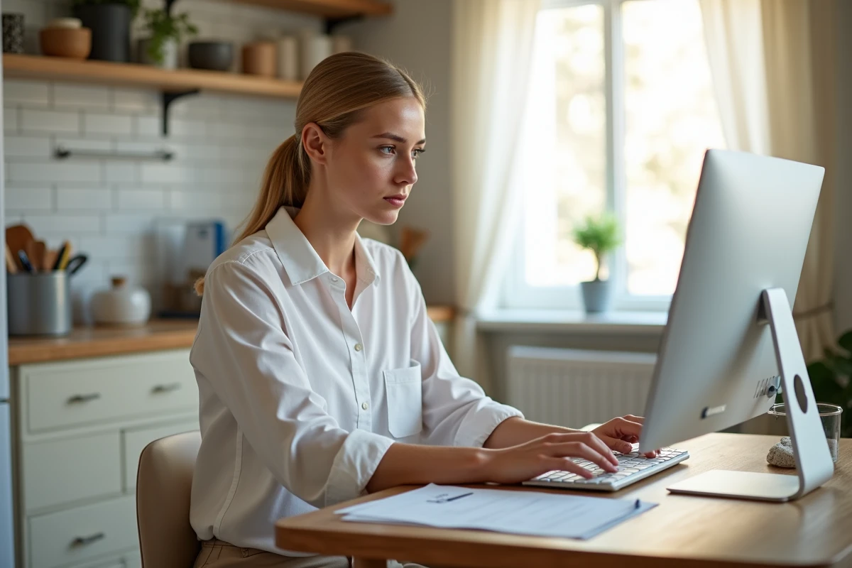 Jeune femme blonde réalisant sa réinscription à France Travail depuis son domicile avec une liste de documents imprimée