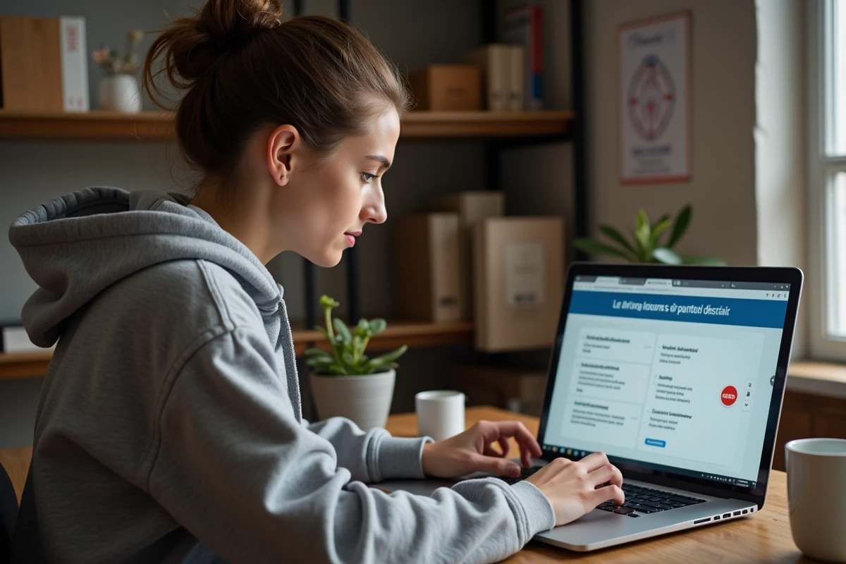 Jeune femme révisant le code de la route en ligne sur un ordinateur portable à son bureau à domicile