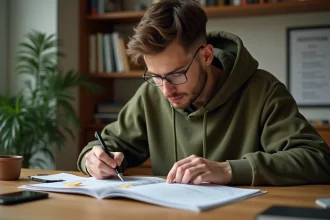 Jeune homme révisant le code de la route moto sur un bureau avec un livre annoté et une application quiz sur smartphone à J-7 de l'examen ETM