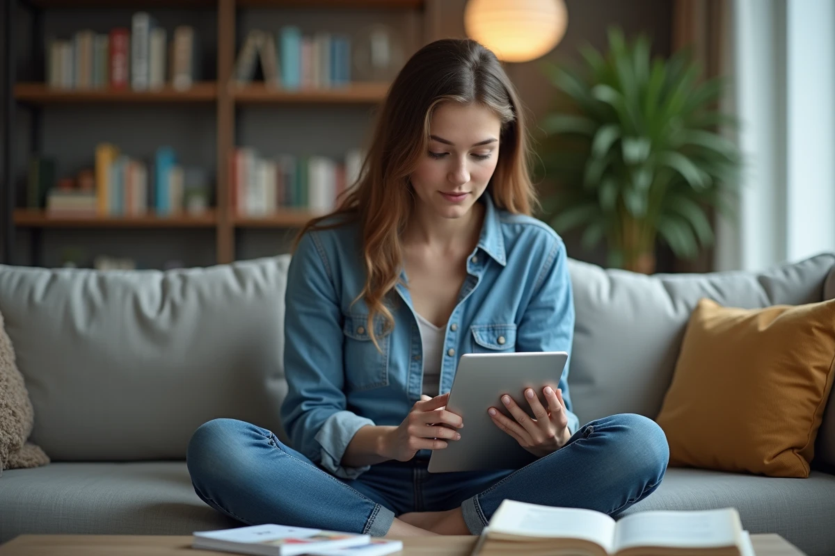 Femme révisant un module de cours en ligne sur tablette depuis son canapé à la maison pour préparer un examen via Moodle