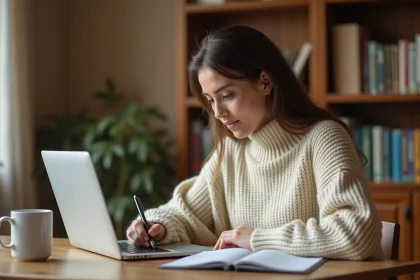 Jeune femme révisant sur une plateforme e-learning type Moodle avec un ordinateur portable et un carnet de notes dans un bureau à domicile